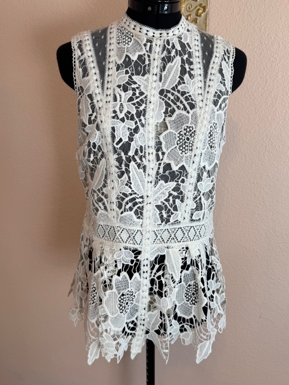 Romantic Cottagecore sheer crochet lace peplum tank top blouse in pure white Med